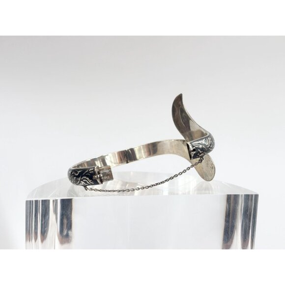 Siam Sterling Silver Bypass Style Hinged Nielloware Thai Made Vintage Bracelet - Picture 14 of 16